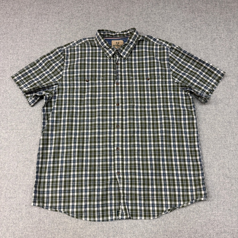 Outdoor Life Button Down Shirt XXL Green Plaid Short Sleeve Cotton Casual Pocket